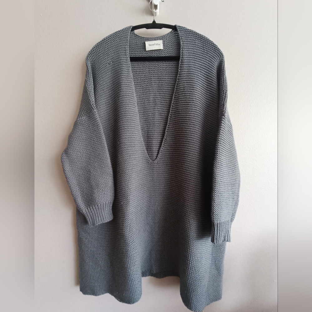 Beaufille Gray Deep V-Neck Wool Silk Cashmere Oversized Knit Sweater Small